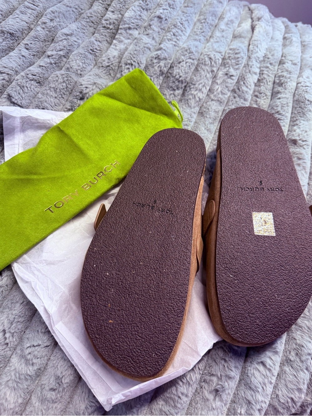 Tory Burch Taupe Suede Slip-On Clogs with Logo Accent - Picture 4 of 5